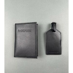 Perry Ellis Portfolio Black Leather Passport Holder Striped Luggage Tag NEW